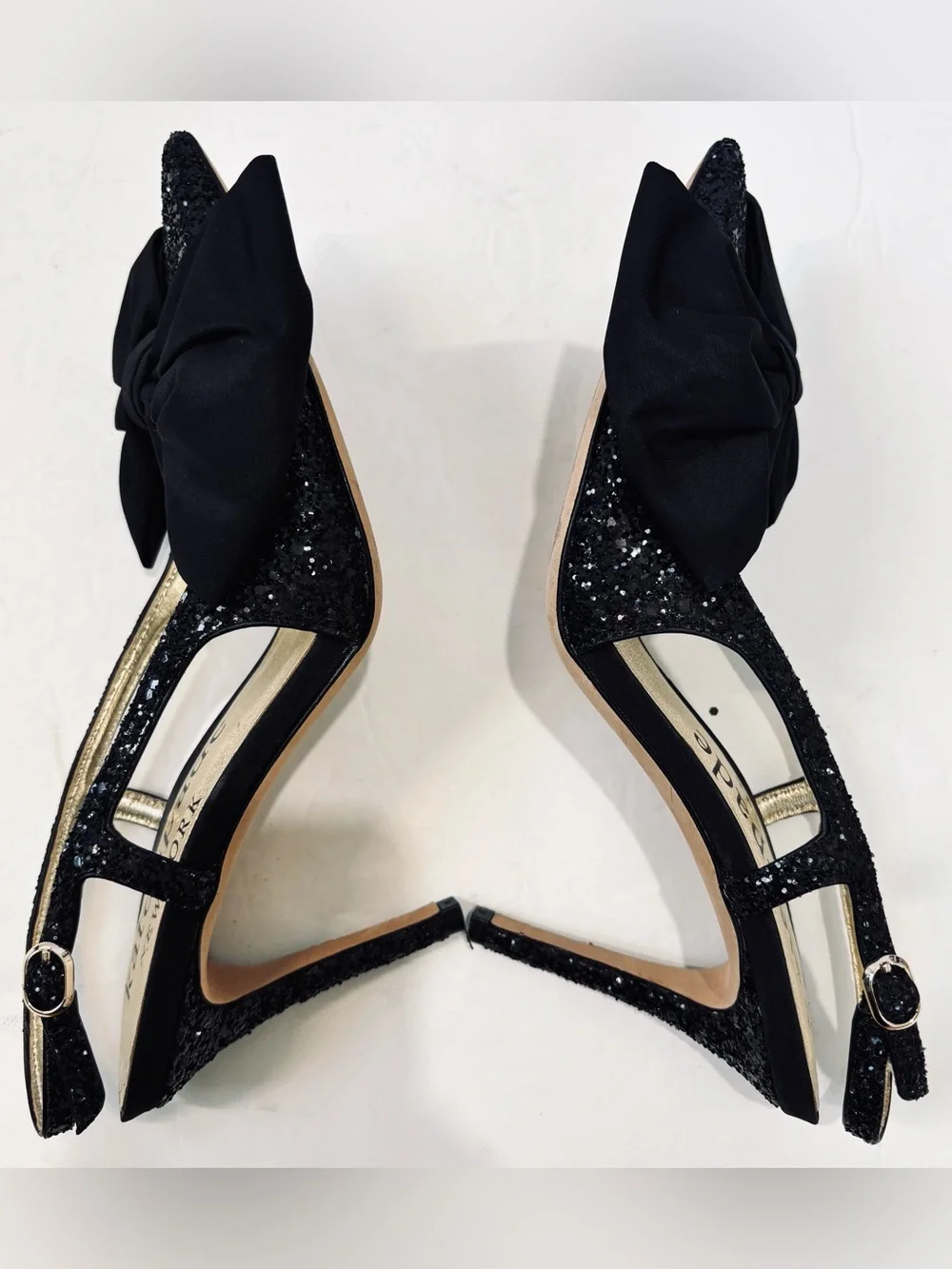 Kate Spade Sheela Black Glitter Silk Bow Slingback Pointed Toe Party Heel Pumps